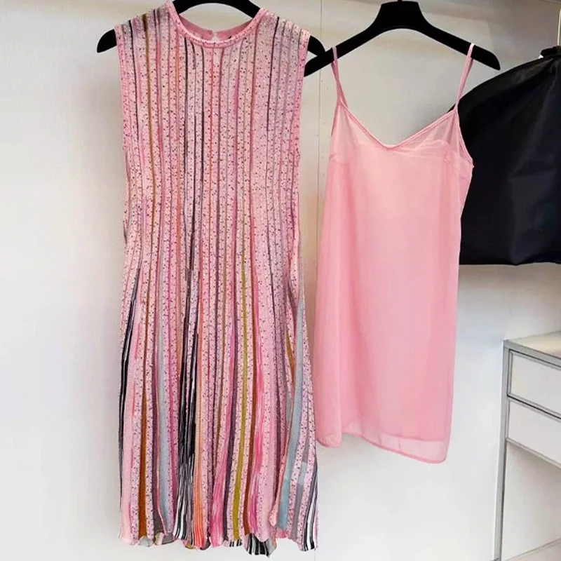 2023 Dresses For Women Elegant Sleeveless Yarn Colorful Texture With Sequins Design Mini Dress Runway Female Two Pieces Dresses