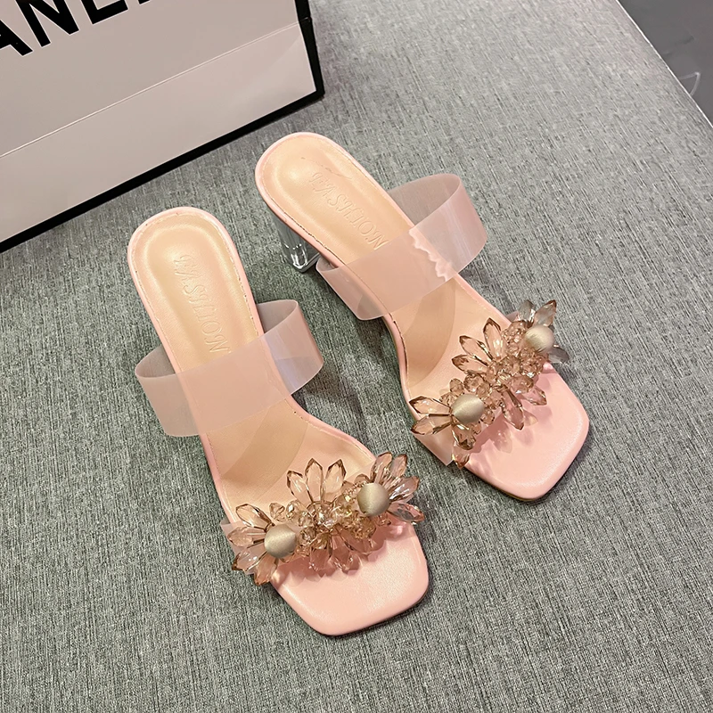 

2022 Summer Square Toe Women Slippers Fashion Crystal High Heel Ladies Mules Elegant Female Outside Slides Sandal Shoes
