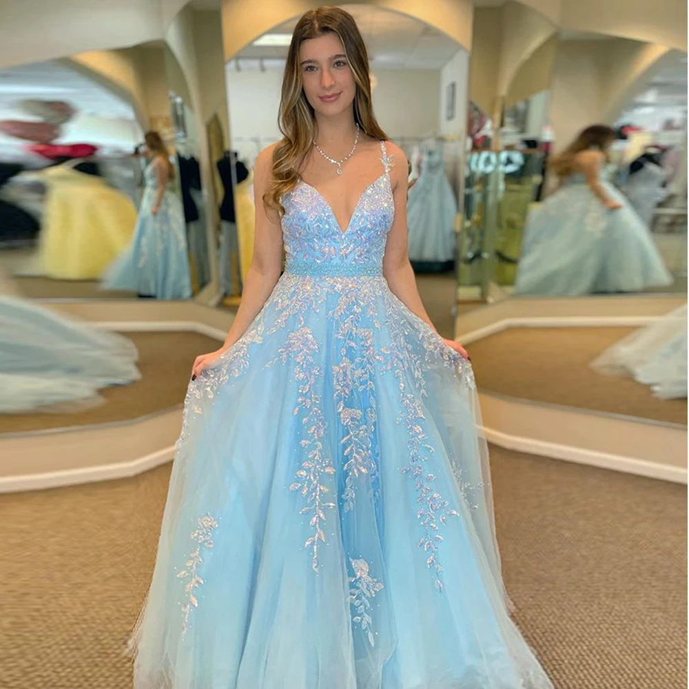 

Sky Blue Sapahetti Strap Tulle Prom Dresse Lace Appliques A-Line Floor Length Maxi Evening Dress Princess Gown Vestidos De Gala