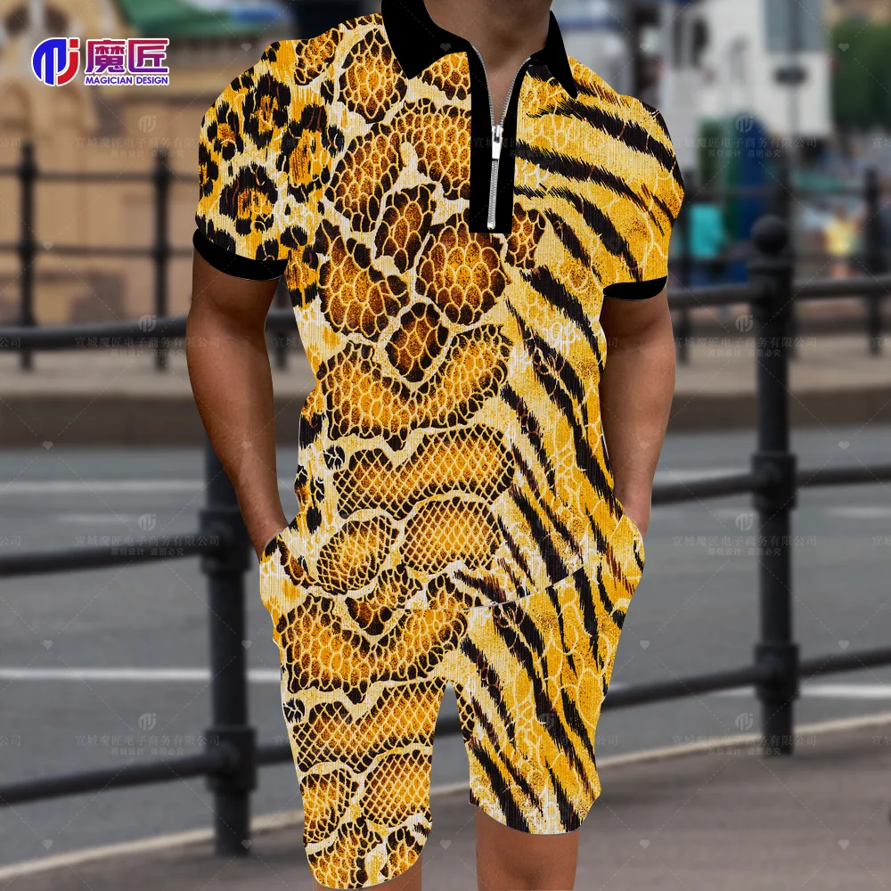 2023 Summer Men's Leopard Print Colorful 3D Zipper Lapel Shirt Short Sleeve + Shorts Suit Men's Sports Hip-Hop Suit 2 Pieces