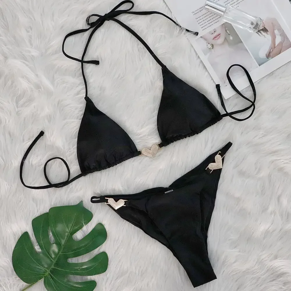 Холтер с бриллиантами и сердечками бикини высоким вырезом женский купальник