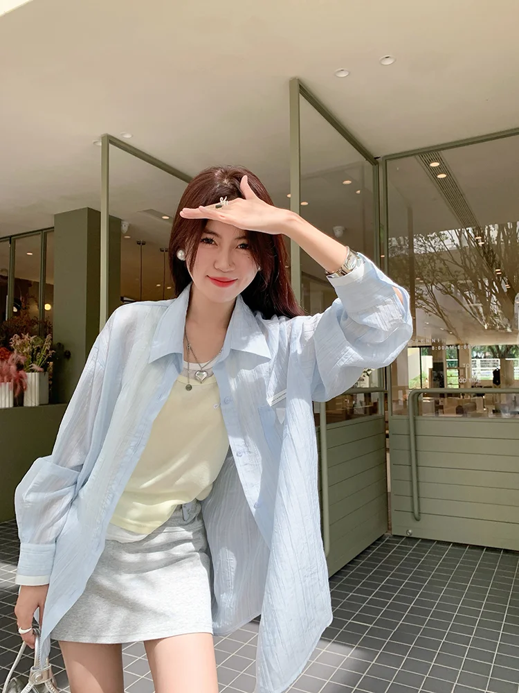 Летний топ Zeng Xiaoxian с блестящей водой в Корейском стиле тонкий синий длинным