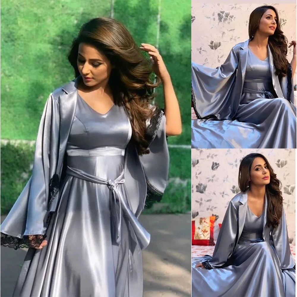 

Elegant Women Sleepwear Dress Two-piece Satin Lace Bridal Bathrobe V-neck Long-sleeves Custom Made Pajamas Floor-Length Gowns