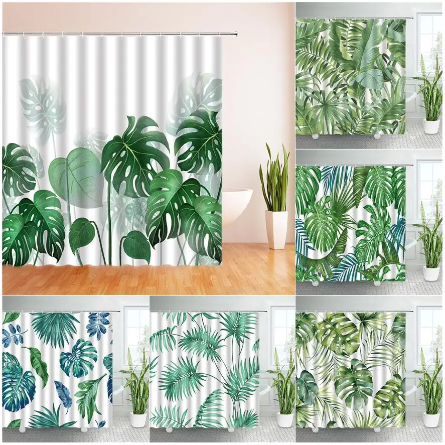 

Tropical Green Plant Leaf Palm Monstera Shower Curtains Bathroom Curtain Frabic Waterproof Polyester Bathtub Decor with Hooks