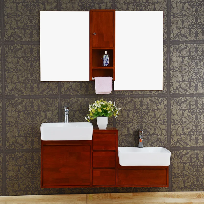 Простой шкаф для ванной из массива дерева настенный двойная высота раковина