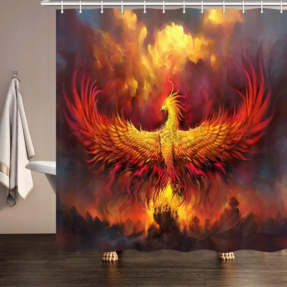 

Fantasy Phoenix Shower Curtain Red Fire Burning Rising Phoenix Mystic Animal Bird Accessories Bath Curtains Bathroom Decor