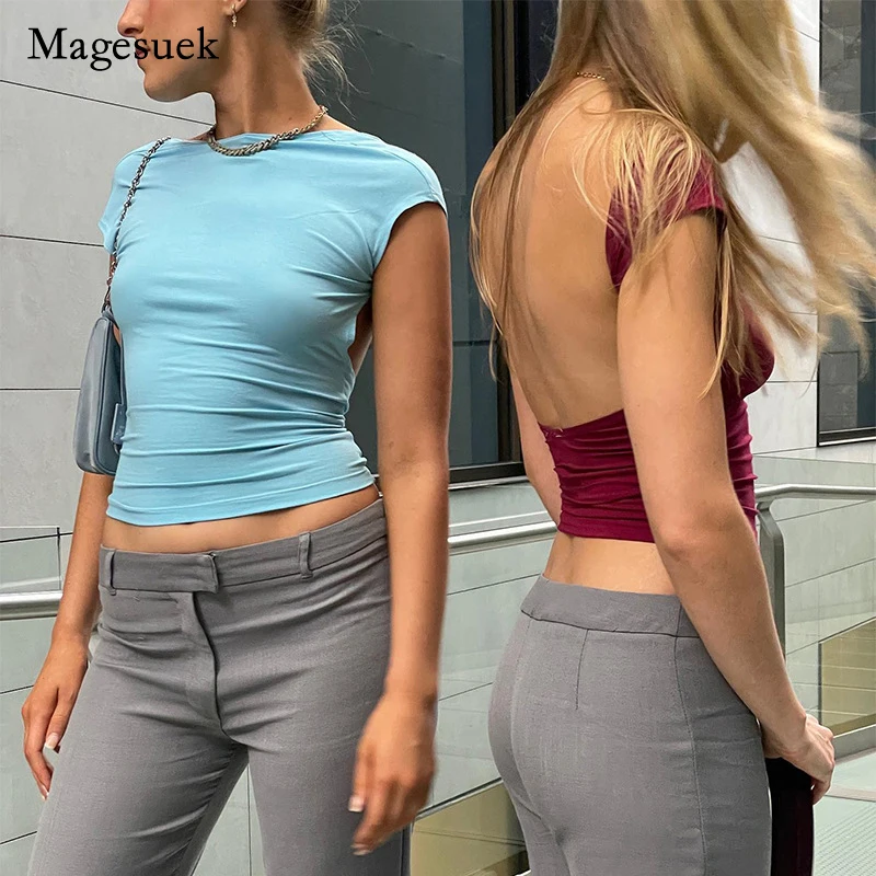 

Sexy Vintage Cut Out Crop Tops Backless Short Sleeve Blue Y2K Crop Top Women Casual O Neck 2022 Spring Summer New Shirts 20461