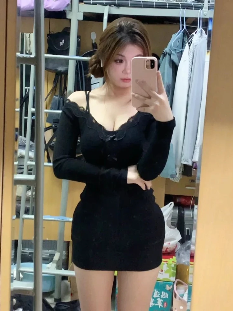 Gyaru сексуальное платье с v-образным вырезом и длинными рукавами женское