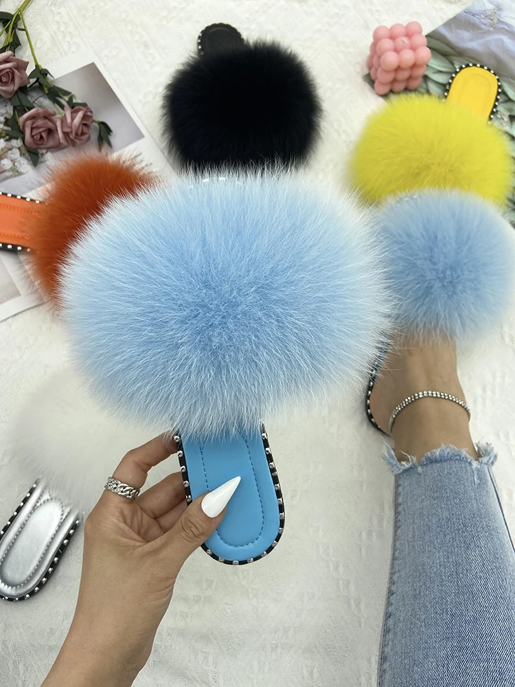 Women Luxury Natural Fur Slides Ladies Summer Rivets House Slippers Real Fox Fur Outdoor Woman Furry Flats Sandals Flip Flops