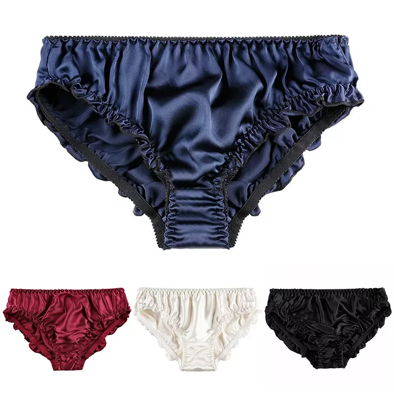 Sexy Silk Satin Panties Ruffle Briefs Comfortable Breathable Underwear Elastic Women Underpanties Seamless Lingerie