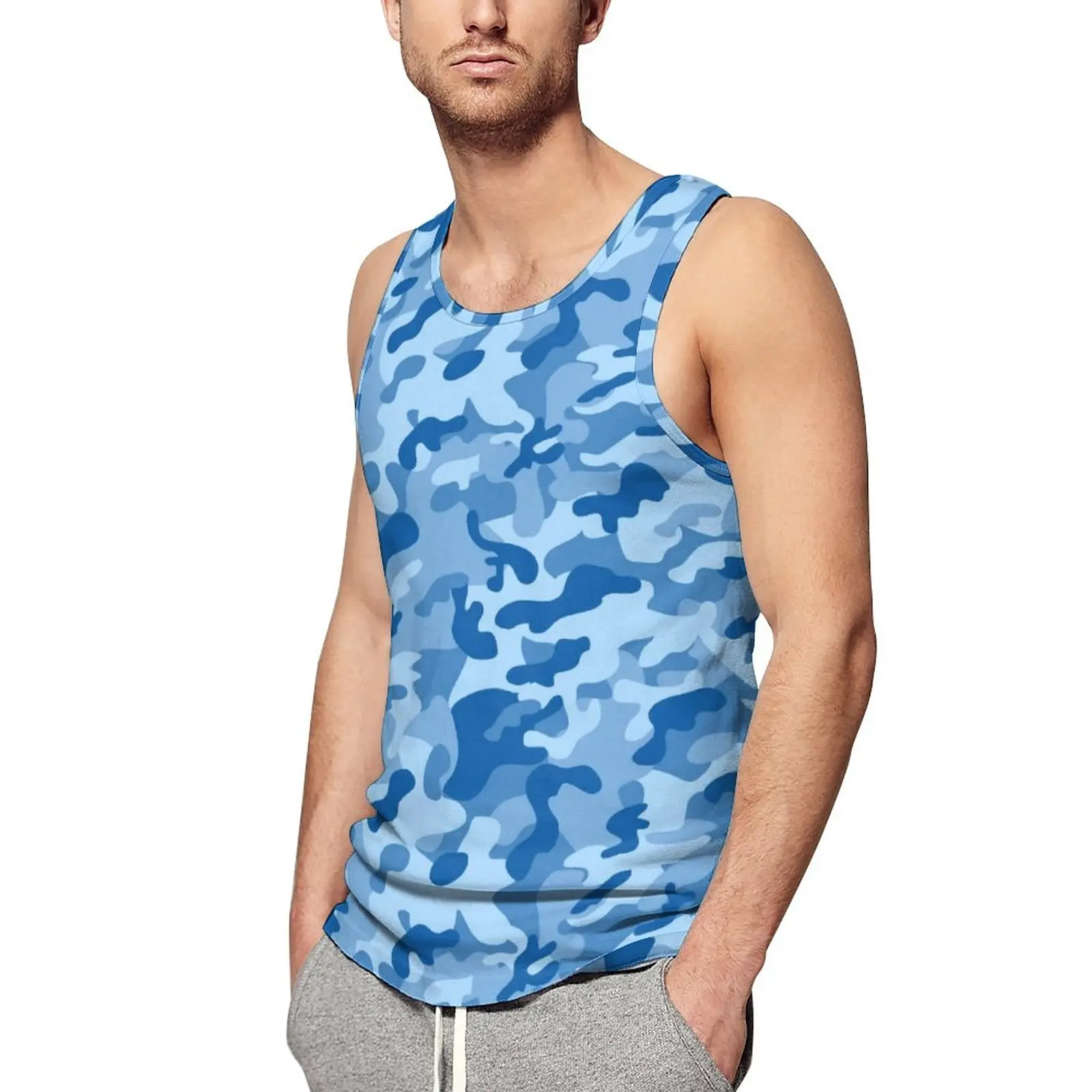 

Майка мужская камуфляжная, синий топ без рукавов, тренировочный жилет с принтом, в уличном стиле, цвет темно-синий, лето