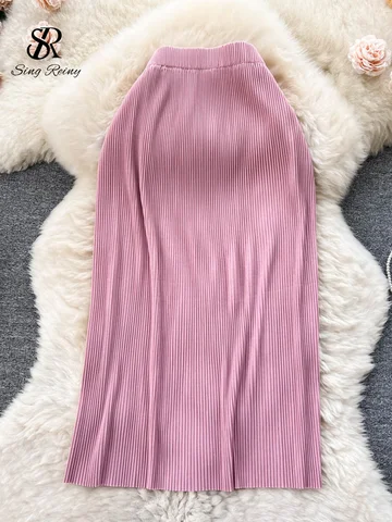 SINGREINY 2023 Streetwear Fashion Knitted Skirt Women Office Lady Solid High Waist Elastic Slim Pleated A-Line Midi Long Skirts