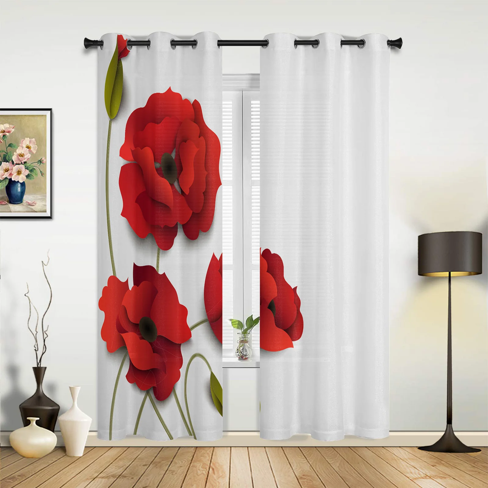 

Red Poppy Flower White Curtains for Bedroom Living Room Drapes Kitchen Children's Room Window Curtain Modern Home Decor