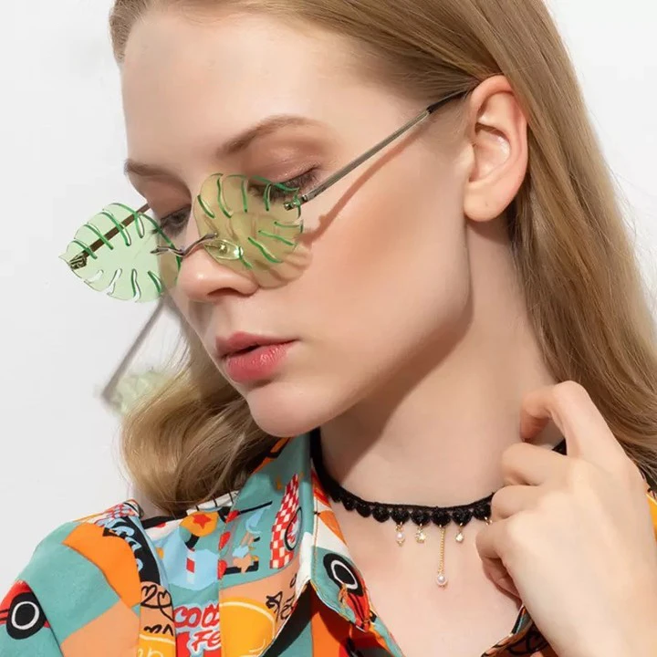 

New Fashion Steampunk Vintage Sunglasses Women Leaf Trend Green Rimless Frameless Punk Retro Sun Glasses Men Small Eyeglasses