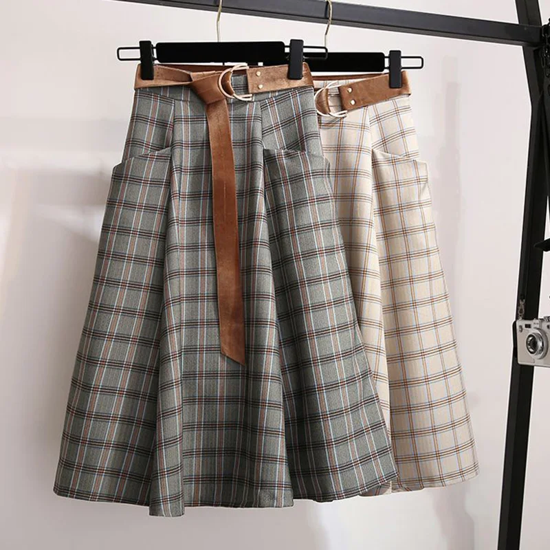 

Rimocy Women's Plaid Long Skirts with Selt Fashion High Waist A-Line Skirts Female 2023 All-Match Autumn Loose Midi Skirt Woman