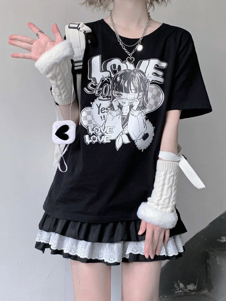 Deeptown Japanese Anime T-shirt Harajuku Graphic Tees Kawaii Girl Print Tshirt Summer Short Sleeve Tops for Women Fashion Korean