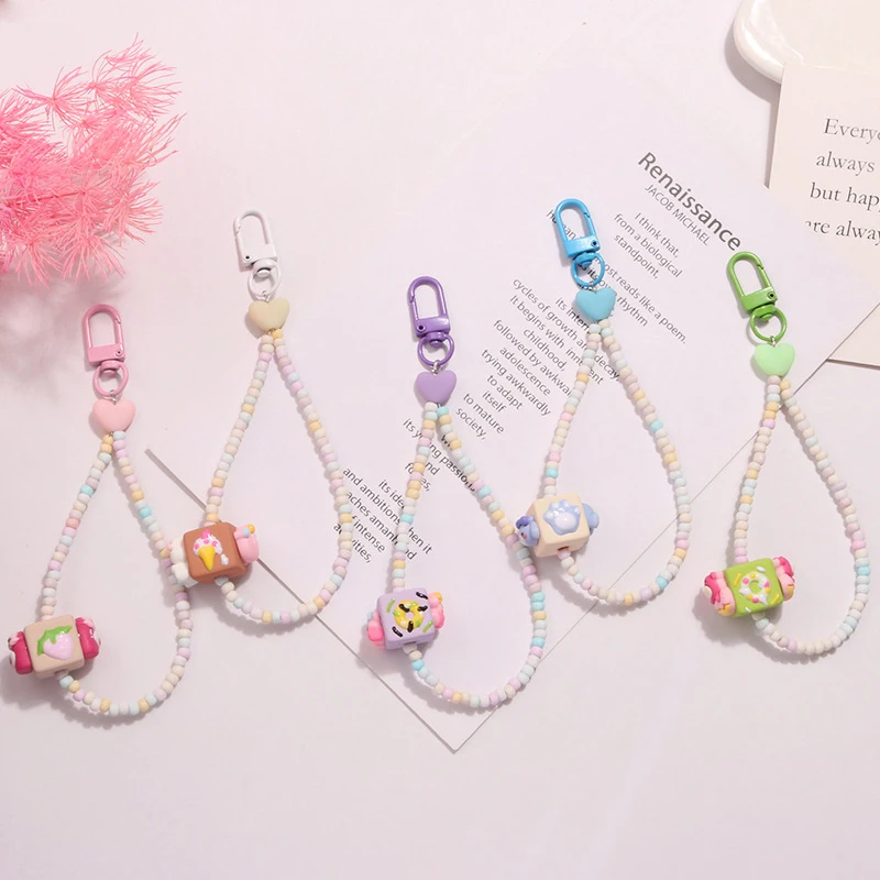 

Cartoon Square Pendant Colorful Beaded Keychain Sweet Fresh Keyring Bag Pendant Charms Earphone Case Decoration Accessories