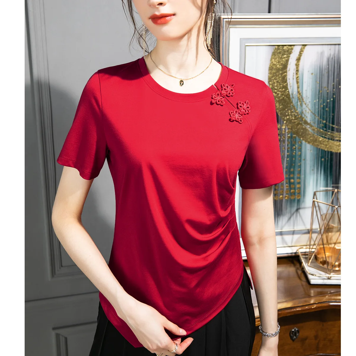 

2022 NEW FASHION WOMEN 2022 Women's Tops Solid Color Casual Round Neck 100% Cotton Short Sleeves