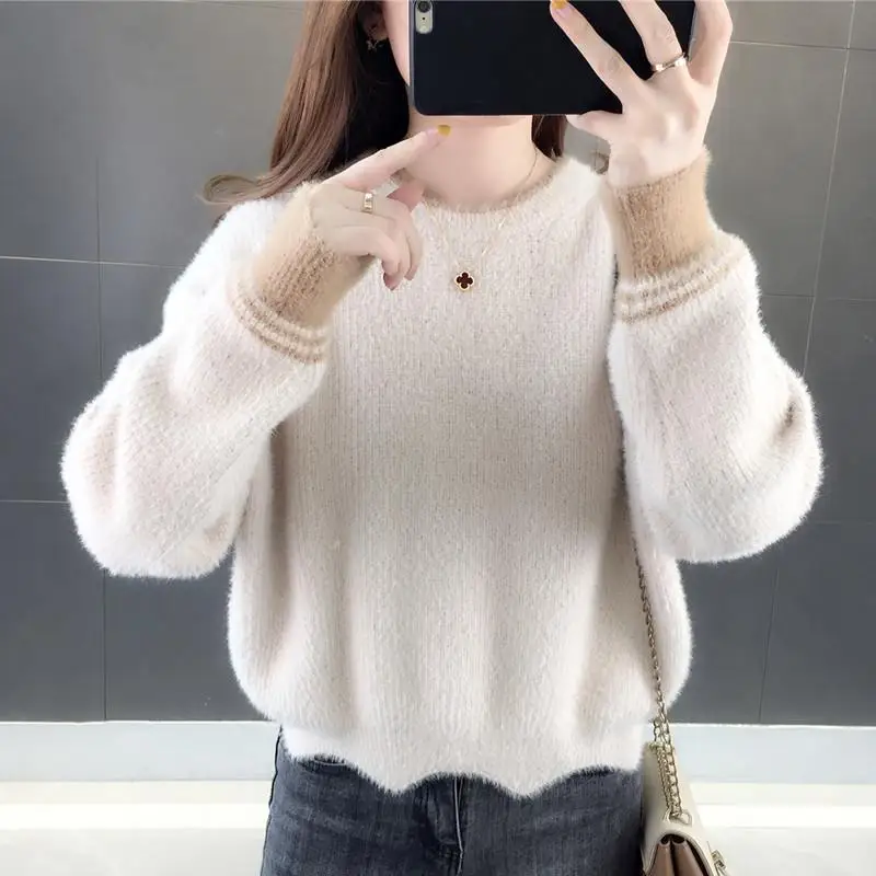 

Женский пуловер с круглым вырезом и плюшевой подкладкой, Осень-зима