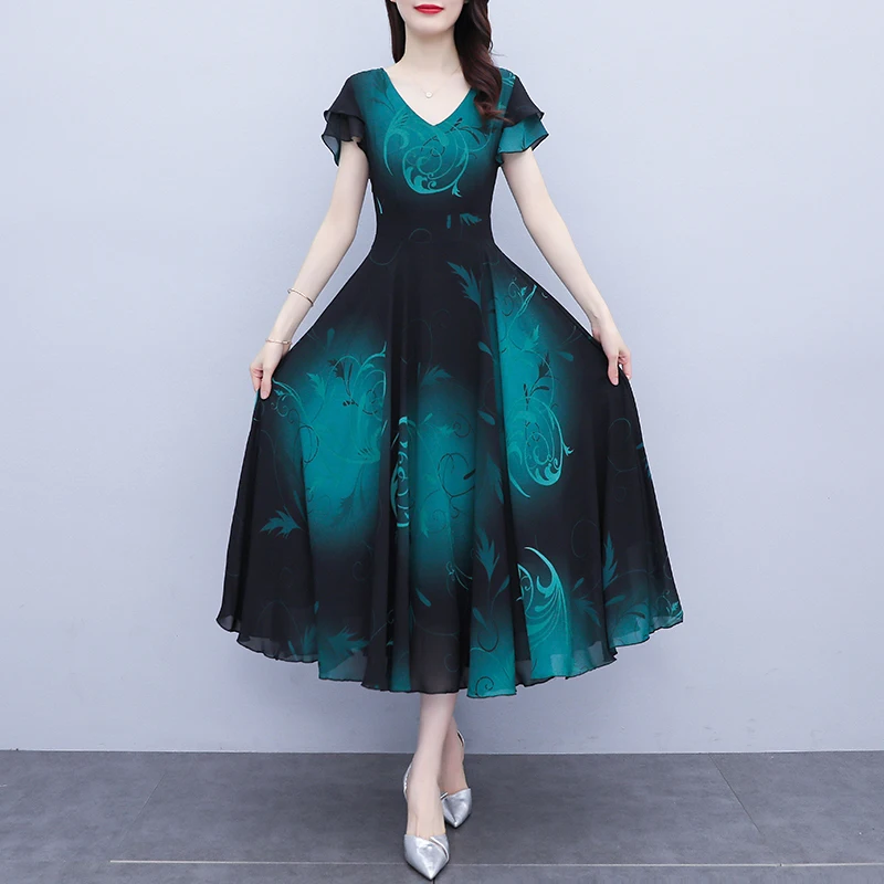 

Summer Chiffon Slim Women's Dress New Dresses Fashion Short Sleeve Mid-length Flower Print Houthion A-LINE Office Lady
