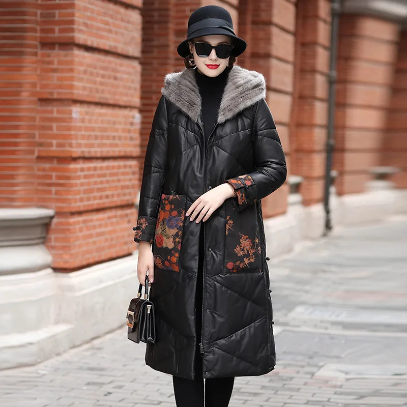 

genuine leather Down jacket women's medium length 2023 new mother sheep skin fashion splicing xiangyun yarn jacket women