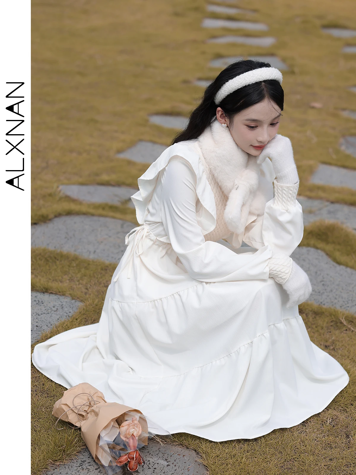 ALXNAN белое платье во французском стиле для женщин 2024 осень-зима новые лоскутные