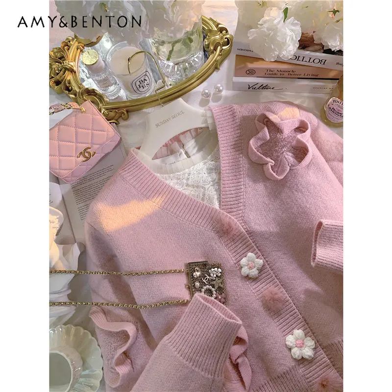 

Romantic Girl Atmosphere V-neck Flower Cardigan Sweater Coat for Women Elegant Long Sleeve Knitted Sweater Tops for Ladies
