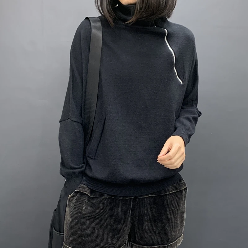 

Zipper Knitted Solid Women Sweatshirts Autumn Vintage Turtleneck Long-Sleeved Loose Casual All Match Female Pulls Tops
