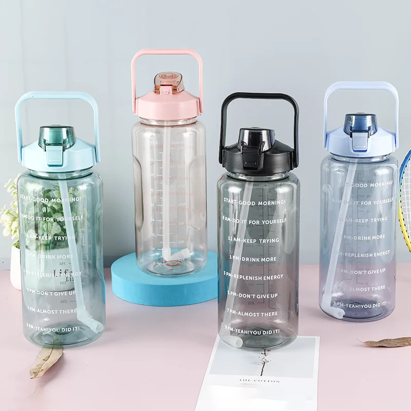

2L Large Capacity Sports Water Bottle with Straw Portable Water Bottles Fitness Bike Cup Summer Cold Water Jug with Time Marker