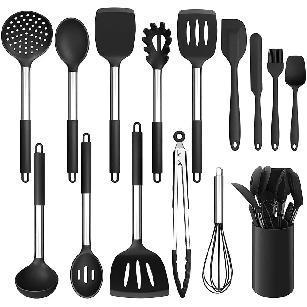 

15-Piece Kitchen Cooking Utensils Set with Holder, Silicone Kitchen Tools Stainless Steel Handle, Slotted Spatula Spoon Turner T