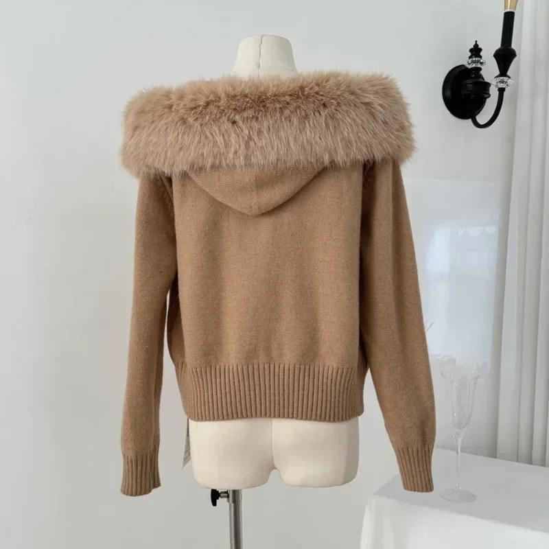 2024 осенне-зимняя одежда женский кашемировый кардиган свитер с капюшоном верхняя