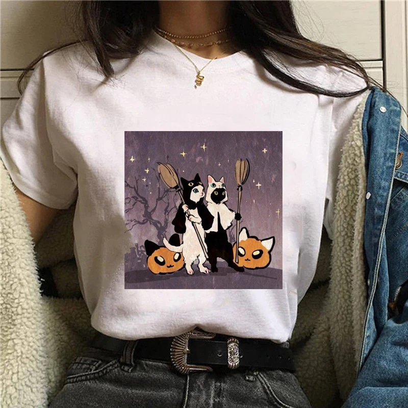 

Women T Shirt Black Cat Tshirt Murderous Cat Knife Women Funny T Shirt Halloween Cartoon Tops Tees Femme Camisetas Verano Mujer