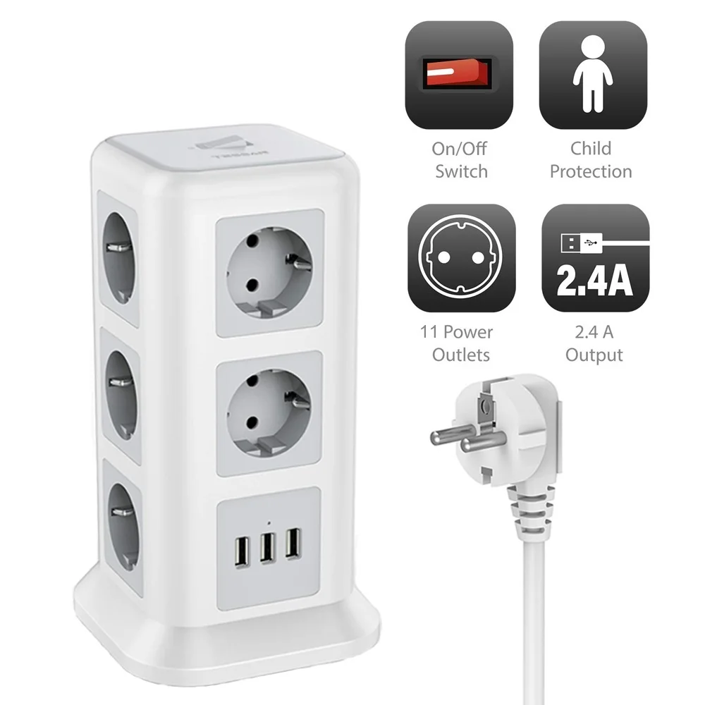 

2022. Power Strip Vertical Surge Protection 11 Sockets 3 USB Ports 6.5ft/2M Extension Cable for Household Appliances