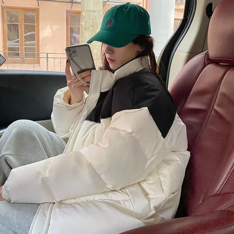 Female New Loose Warm Streetwear Fashion Bubble Coat Winter Jacket Women Short Korean Loose Spliced Color Contrast Bread Clothes