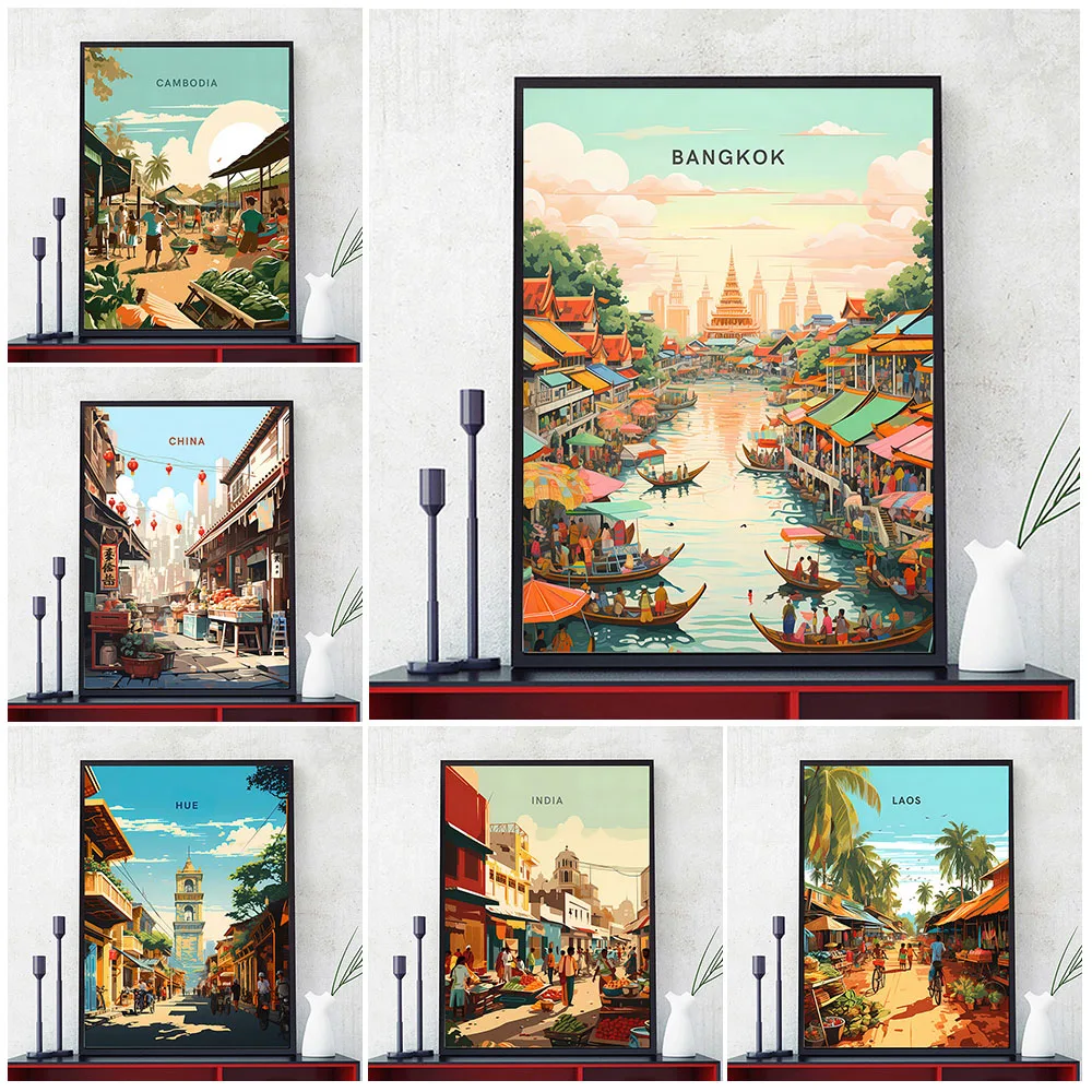 Плакаты для путешествий с оживленным бангкоком плакаты местного рынка Камбоджи