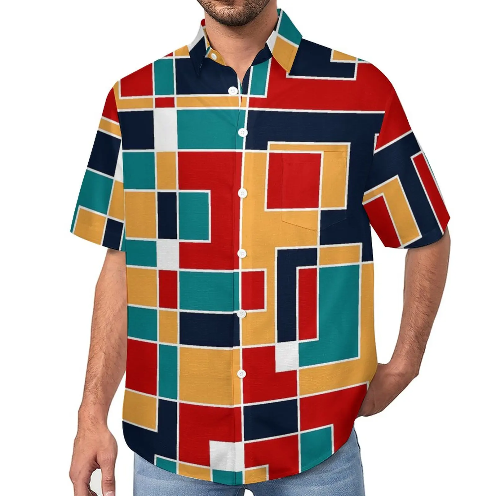 

De Stijl Vacation Shirt Mod Mondrian Hawaiian Casual Shirts Male Stylish Blouses Short Sleeve Graphic Clothes Plus Size