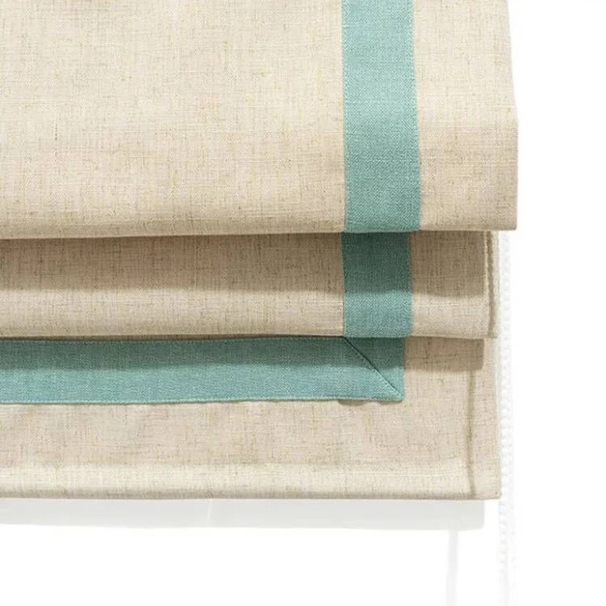 Моторизованный льняной цвет с отделкой синей каймой плоские римские шторы