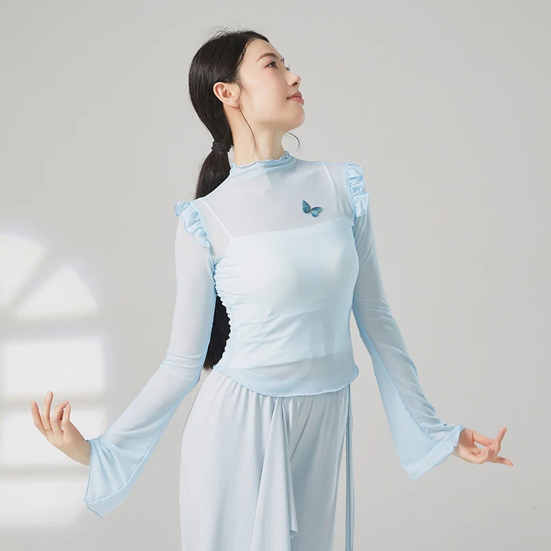Женский костюм для танцев с длинным рукавом сетчатая рубашка оборками на плечах