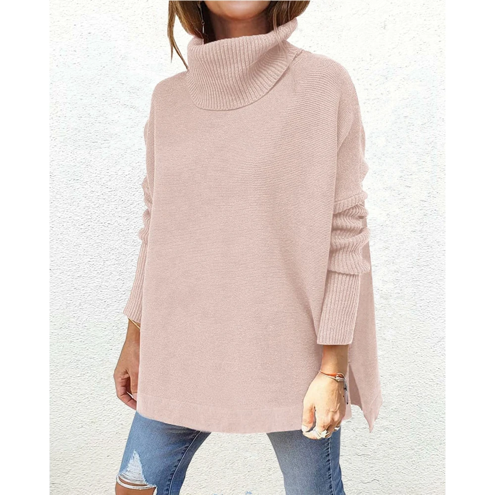 

2023 Women Turtle Neck Long Sleeve Sweater Fashion Casual Knitted Ribbed Tops Lady Oversized Winter Outfits High Neck Sweater