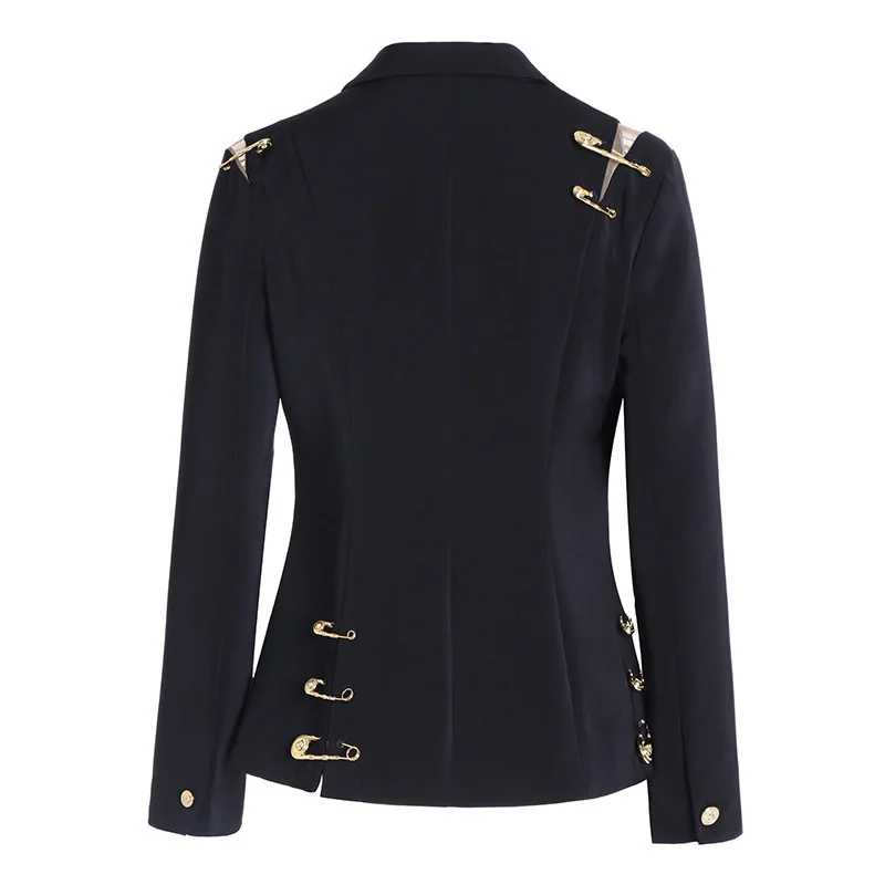 Spring New Blazer Shoulder Mesh Gauze Stitching Pin Decoration Long Sleeved Single Button Slim Black Suit Jacket Women