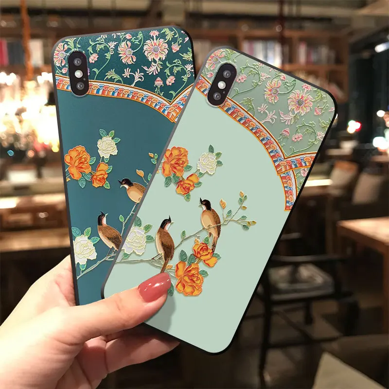 Flowers and Birds Are Suitable for Iphone11 Embossed Protective Sleeve Iphonex Original Antique R17 Anti-fall Mate30