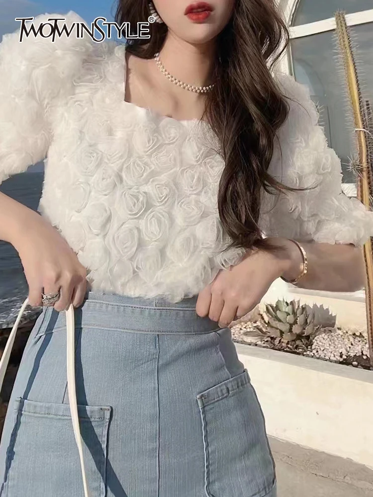 

TWOTWINSTYLE Patchwork Floral Shirt For Women Square Collar Puff Sleeve Solid Loose Blouses Female Summer Clothing Fashion 2022