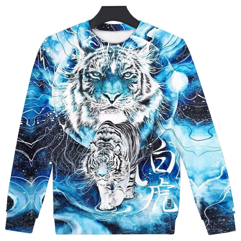 

Vintage Print Sweater 3d Tiger Animal Long Sleeve Loose O- Neck Cotton Animal Tops Men's Clothes Colorful Sweatshirts