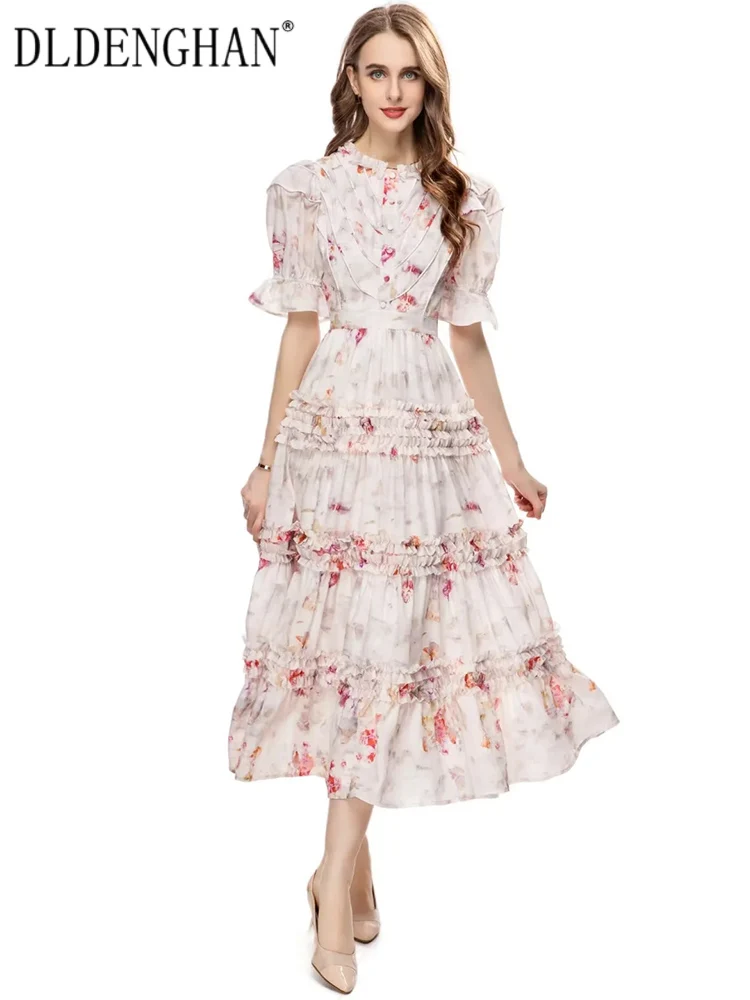 DLDENGHAN Spring Summer Women Dress O-Neck Puff Sleeve Ruffles Flowers Print Vintage Midi Dresses Fashion Designer New