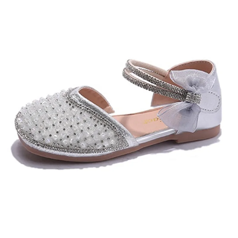 

Kruleepo Crystal Pearl Princess Bowtie PU Sandals for Girls Spring Summer Soft Leather Rubber Sole Antiskid Slippers Shoes