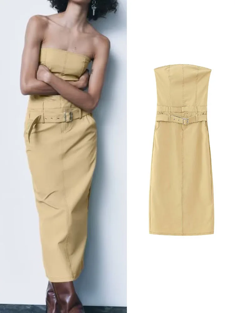 

Платье женское летнее однотонное без бретелек с поясом и открытыми плечами