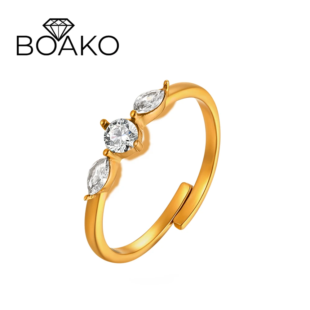 

BOAKO Luxury Stainless Steel Colorfast Opening Ring Oval Round Zircon Adjustable Rings For Couples Delicate Wedding Jewelry