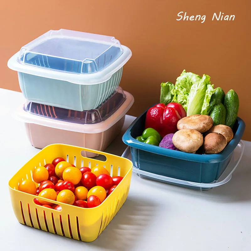 

Refrigerator Double-layer Draining Basket Kitchen Large Wash Vegetable Fruit Plate With Cover Dustproof Fresh-keeping StorageBox