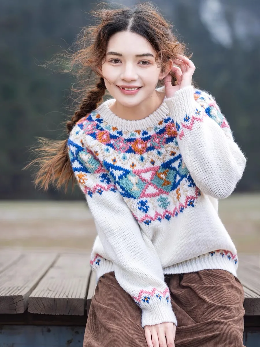 Женский свитер ручной работы теплый плотный вязаный пуловер из 102-ной шерсти в