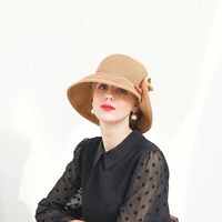new summer girls womans beach outdoor sunscreen casual fashion retro solid color ribbon simplicity decorate weaving bucket hat